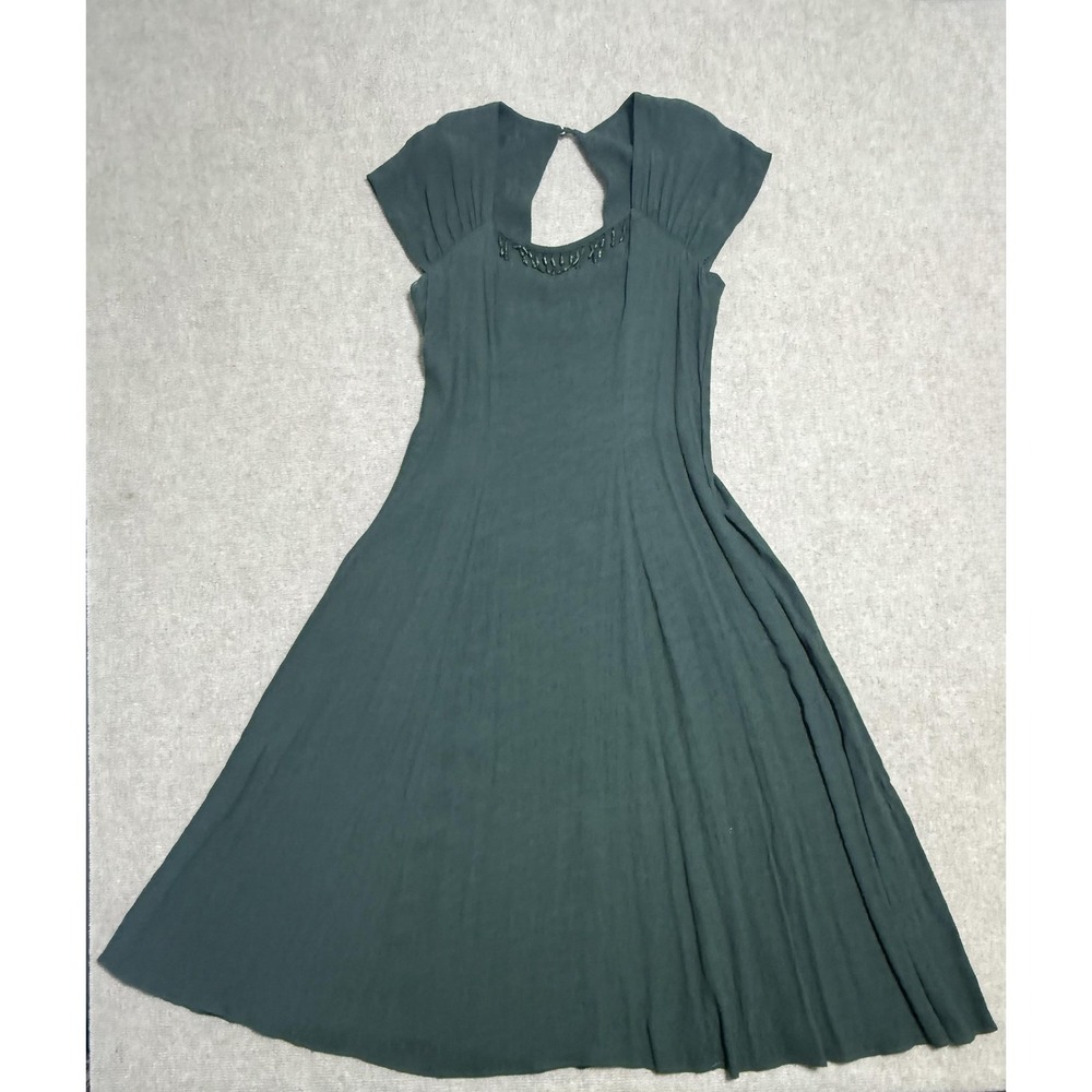 Vintage Carole Little Dress‎ Womens 14 Green Rayon Beaded Boho Maxi Keyhole 90s